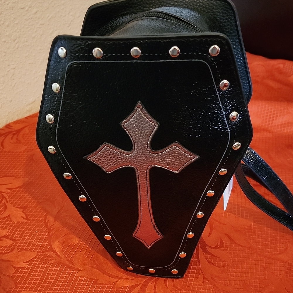 Black and Silver Cross Studded Coffin Shaped Women's Bag